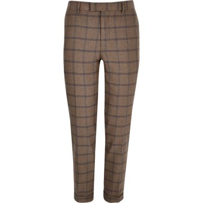 Ecru checked skinny cropped suit trousers